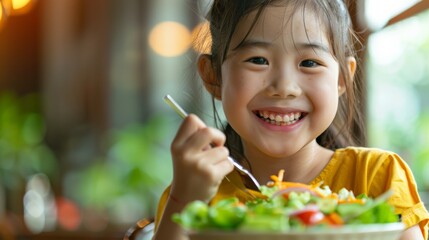 Fototapeta premium Cheerful young girl eats salad with joy She looked to the side. With curiosity and a smile