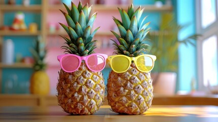 Pineapple and coconut wearing sunglasses with sunblock, playful summer vacation theme, isolated on white background