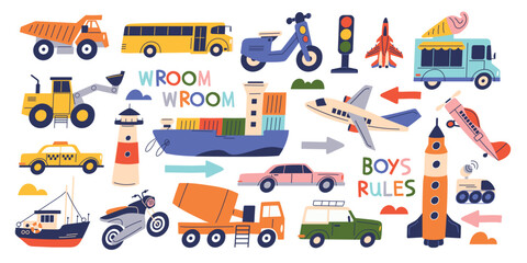 Naklejka premium Funny toys vehicles. Set of cute stickers with childrens cars, water transport, airplane, tractor, truck and motorcycle. Baby items for play. Flat vector illustration collection isolated on background