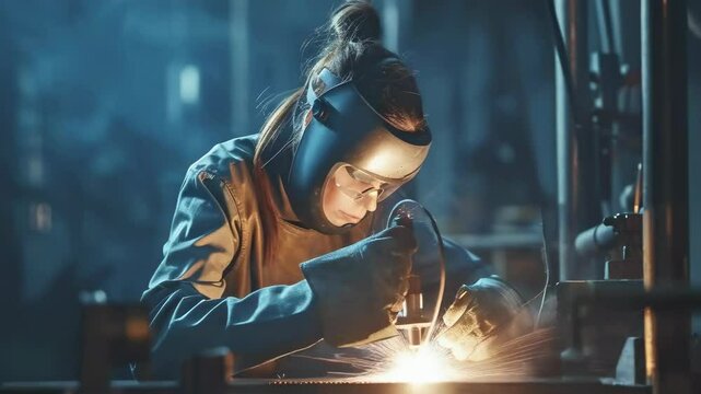 A young caucasian woman welds metal in a dimly lit workshop at night. She wears a face shield, gloves, and protective gear, with intense focus in a gritty, industrial setting.