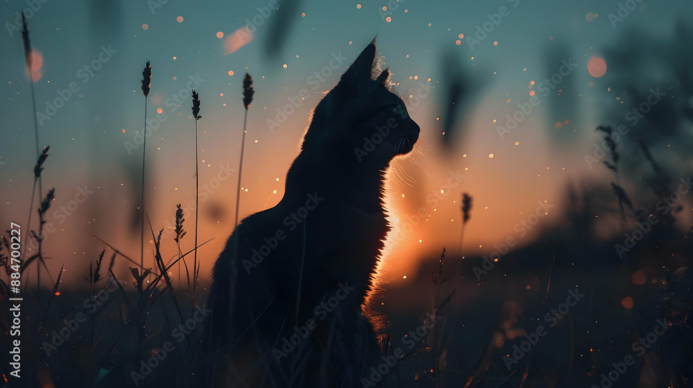 Poster Cat Silhouette in Sunset Grass