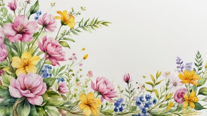 Obraz premium Watercolor Floral Border with Pink and Yellow Flowers.