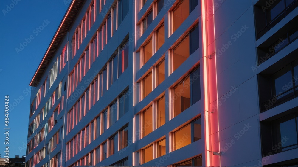 Poster modern architecture with illuminated windows.