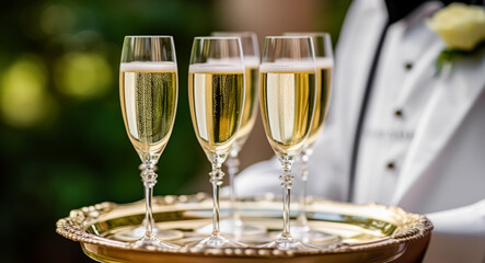 Luxury service, glasses of champagne served by a waiter at a wedding celebration or event in formal English style at luxurious hotel or country estate garden, post-processed, generative ai