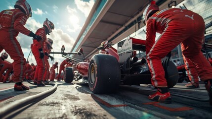 A professional pit crew is ready to spring into action when the team's race car reaches its lane during a pit stop. The concept of ultimate teamwork.