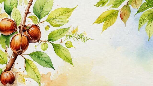 Watercolor Painting of Hazelnut Branch with Leaves