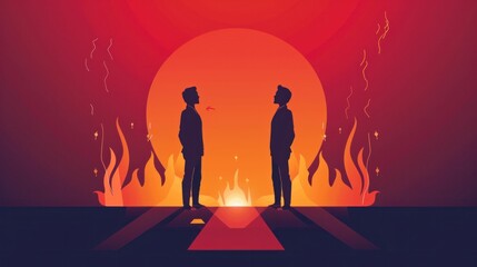 Naklejka premium People standing by fire with sun in background, travel and adventure concept