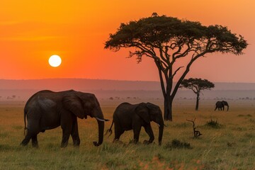 Fototapeta premium Tranquil scene of elephants roaming under a vivid sunset sky beside an iconic acacia tree