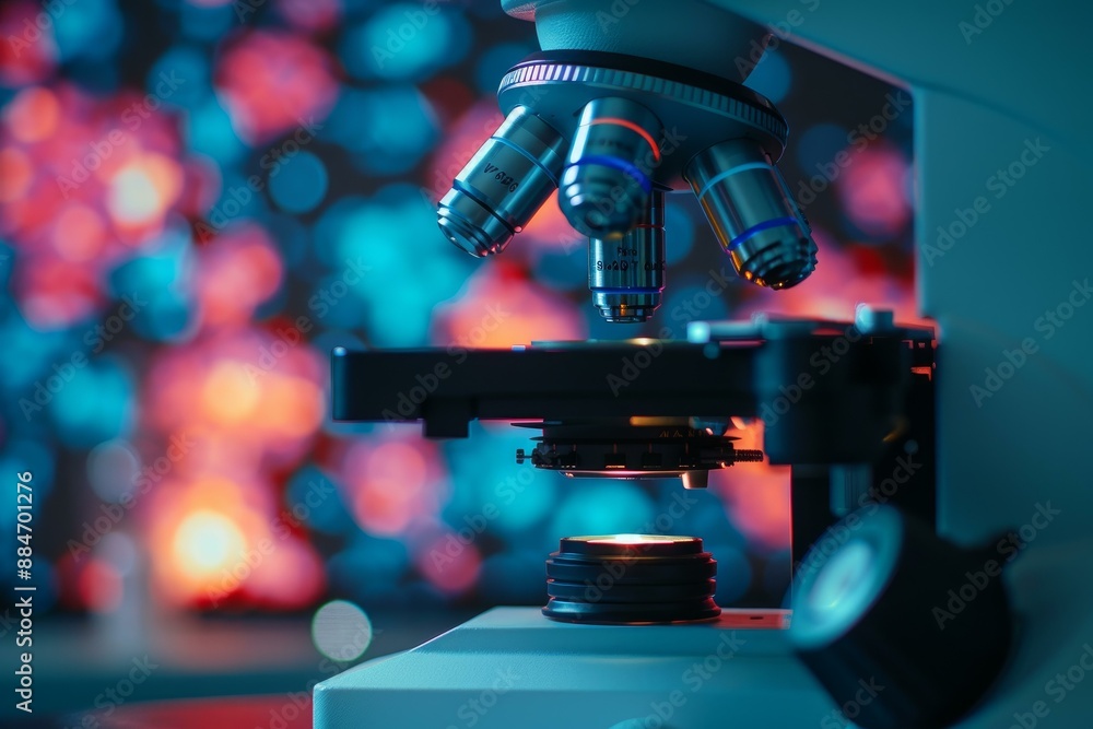 Poster closeup of a professional microscope with a vibrant bokeh background in a lab