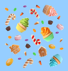 Different sweet cupcakes, cookies and candies in air on light blue background