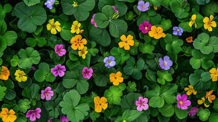 Overhead Shot of Tigirdia, Tropaeolum Majus, Viola Tricolor, and Vinca Difformis in Bloom
