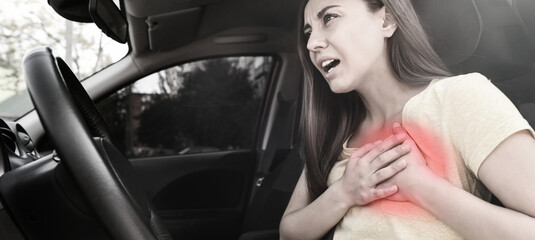 Heart attack. Young woman suffering from pain and pressing hands to chest in car. Banner design