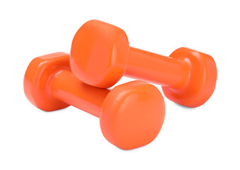 Orange dumbbells isolated on white. Sports equipment