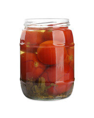 Tasty pickled tomatoes in jar isolated on white