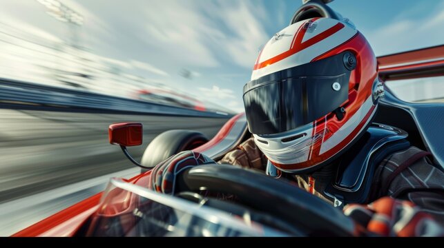 Photograph of a racer wearing a helmet driving on a race track. Digital art.