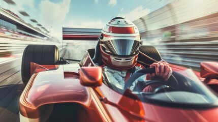 Fototapeta premium Photograph of a racer wearing a helmet driving on a race track. Digital art.
