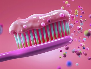 Colorful Toothbrush with Pink Toothpaste and Bubbles, 3D Rendered Illustration of a Toothbrush with Pink Toothpaste and Colorful Bubbles, Digital Art