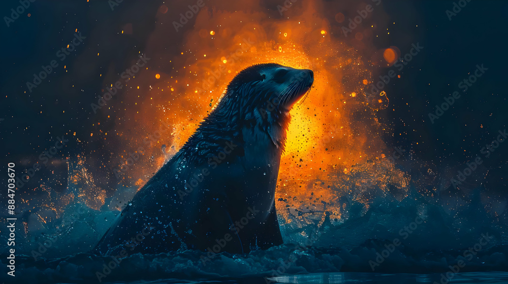 Poster Sea Lion in Fiery Water