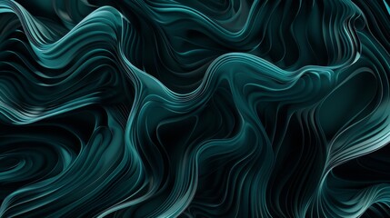 Fototapeta premium Minimalist Dark Cyan and Blue Twisted Waves on Black Background, Flowing Lines, Data Visualization, Ultra HD