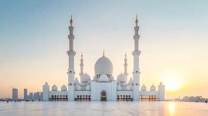 Majestic mosque at dawn, intricate minarets rising against a vibrant horizon, with the city skyline in the background, capturing the serene morning light