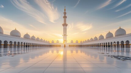 Majestic mosque at sunset, golden minaret towering over the city, intricate geometric patterns on the dome, peaceful courtyard, people in prayer