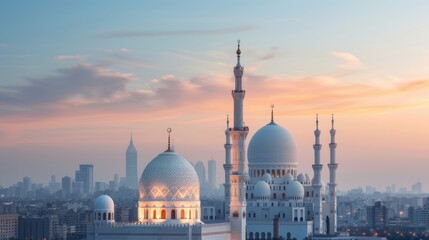 Obraz premium Majestic mosque with intricate domes and minarets against a bustling city skyline at dusk, capturing the blend of traditional Islamic architecture and modern urban life