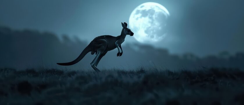 A supernatural scene features a kangaroo leaping effortlessly across a moonlit landscape, embodying strength and agility