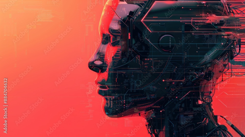 Poster robot head on vibrant red and orange background with computer screen in the background futuristic te