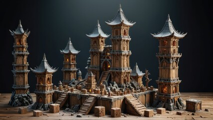 Wooden Castle Model with Pagoda Roofs and Towers.