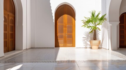 Moroccan riad courtyard, intricate mosaic tiles and ornate wooden doors, traditional craftsmanship in a serene, sunlit setting