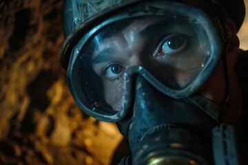 Fototapeta premium A supernatural scene unfolds as miners equipped with respiratory protection navigate the aftermath of a mine collapse