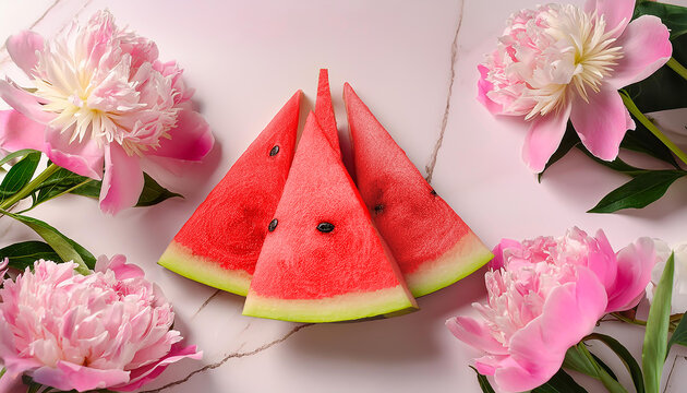 A sliced watermelon in triangles rests on white marble, adorned with a pink flower.