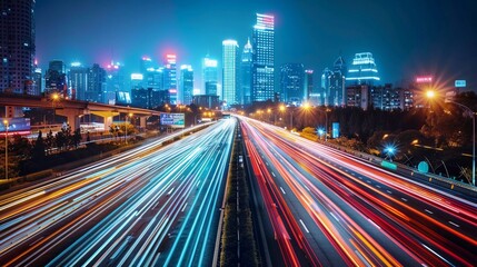 Obraz premium High-speed freeway with glowing headlights leading towards a modern city skyline. Bright light streaks on a busy street, showcasing the vibrant night life and dynamic urban environment that is very i