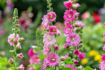Obraz premium Hollyhocks stand tall with their towering spikes of colorful blossoms, adding vertical interest to garden borders
