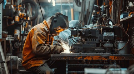 Photo of a large male welder in work clothes working hard and welding metal in a welding machine in a workshop.