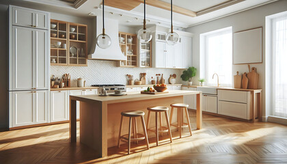 White and wooden kitchen interior with island