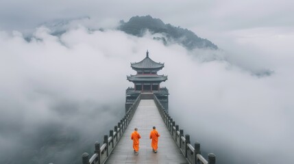 Sacred mountain temple shrouded in mist, monks in traditional robes performing ancient rituals, rich cultural heritage and serene spiritual atmosphere