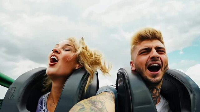 Couple riding rollercoaster having fun