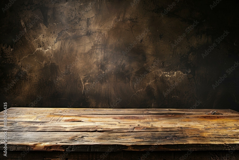 Poster empty wooden table surface with a textured, shadowy wall backdrop for product display