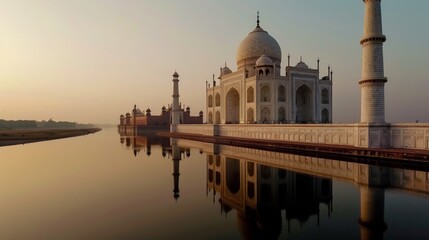 Naklejka premium Stunning Taj Mahal at dawn, reflected in the Yamuna River, intricate marble details, peaceful atmosphere, historic Indian icon, warm hues