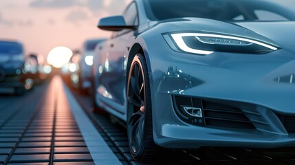 In a supernatural scene, a hybrid car and solar car lead the way to an ecofriendly future with zero emissions