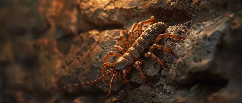 In a supernatural scene, a house centipede scurries across ancient stone walls, its many legs moving with uncanny speed and agility