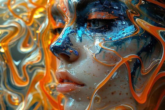 Close up portrait of a woman with vibrant orange and blue paint on her face representing beauty and artistry