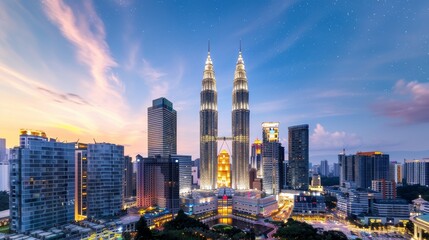 Obraz premium Vibrant cityscape featuring a grand mosque illuminated at night, with surrounding high-rises and a starry sky, emphasizing cultural and architectural harmony