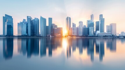 Urban skyline at sunrise, with reflections of skyscrapers on a calm river, and early morning commuters starting their day