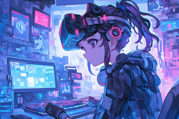 Virtual Reality Gaming Session with Neon Lights in a Futuristic Setting. Anime style, Cozy vibes