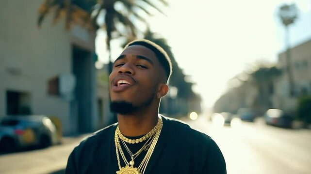 Rapper rapping on a street in Los Angeles