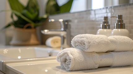 Photo of a stylish modern bathroom with towels white bathroom interior