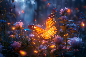 Glowing Butterfly in Flower Field