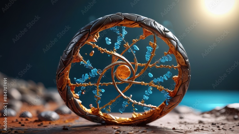 Poster abstract circular structure with gold and blue elements.